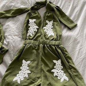 shein green open back romper with wrap around tie